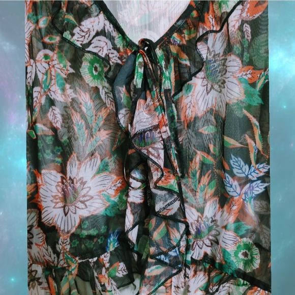 Floral Sheer Blouse - Black, Green, Orange - Picture 3 of 11
